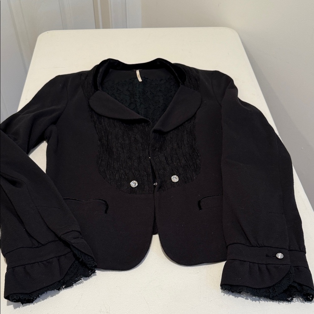 Free People Black Cropped Lace Panel Blazer